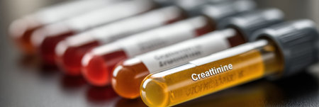 Test tubes labeled with creatinine are arranged on a lab countertop, showing different serum colors after medical analysis, indicating kidney function.の素材