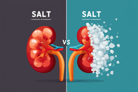 Infographic illustrates the comparison of salt versus potassium balance for kidney function, highlighting the importance of maintaining healthy levels.の素材
