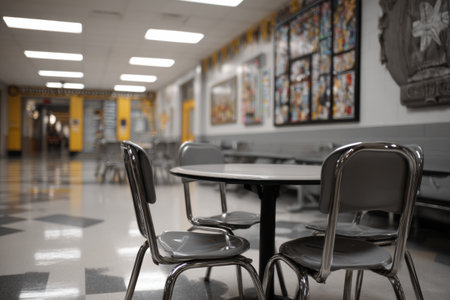 Caffeine awareness poster highlights the effects of excessive caffeine intake in a school cafeteria environment with a faded right zoneの素材