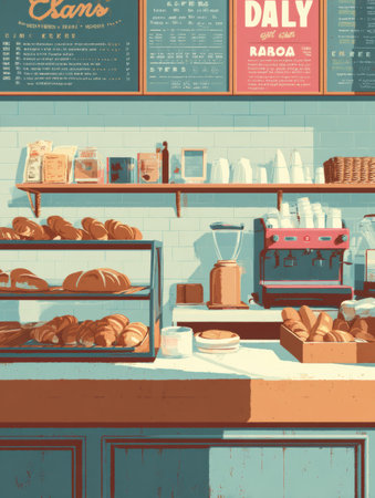 A bakery counter features an array of freshly baked bread and croissants, accompanied by pastries on display and a menu board in a cheerful atmosphere.の素材