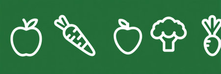 Colorful icons of an apple, carrot, broccoli, and kidney represent vibrant healthy eating against a bright green backdrop promoting nutrition and wellness.の素材