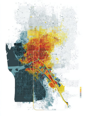 The digital interface shows a delivery heatmap with high activity on the left and low density on the right.の素材