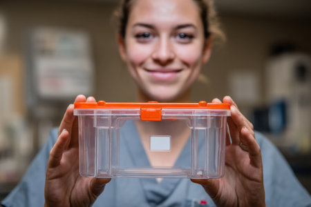 Professional healthcare worker showcases a transparent lockable medication container designed for safe storage of medications in a clinical environment.の素材