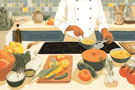 A chef teaches cooking techniques using fresh vegetables in a well-equipped kitchen filled with vibrant colors and an inviting atmosphereの素材