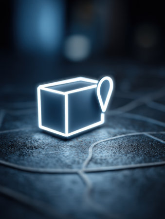 A glowing package icon stands out against a dark map background, highlighting the center area with clarity, suggesting movement or delivery.の素材