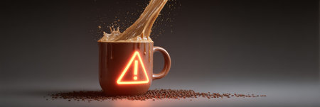 A coffee mug spills over, sending liquid and coffee grounds flying, with jitter lines and warning lights emphasizing the sudden and chaotic moment.の素材