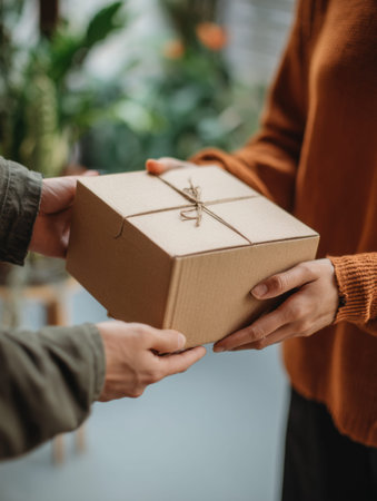 A woman hands over an eco-friendly packaging box to a courier in an indoor setting, emphasizing sustainable delivery practices during daytime.の素材