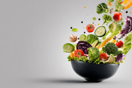 Fresh vegetables and herbs are beautifully suspended around a salad bowl, offering a colorful display of healthy food choices ready for a nutritious meal.の素材