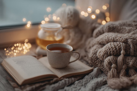Warm evening ambiance features a book resting on a textured blanket, accompanied by a cup of caffeine-free tea and twinkling lights for added comfort.の素材