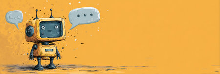 An illustrated broken chatbot appears puzzled, surrounded by glitching speech bubbles on a bright yellow backdrop, symbolizing communication failures.の素材