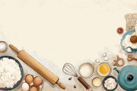 Baking ingredients are neatly arranged on a surface, showcasing flour, eggs, and a rolling pin, inviting a hands-on cooking experience filled with joy.の素材