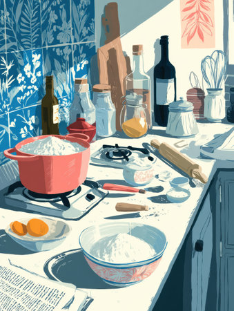 Flour covers a kitchen countertop where a rolling pin rests beside bowls with eggs and cooking supplies, illuminated by gentle morning light.の素材