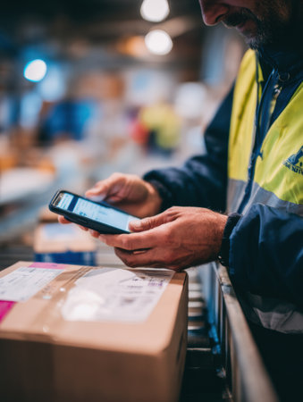 Individual scans a package with a mobile device in a bustling shipping location, ensuring accurate tracking and quick processing of parcels.の素材