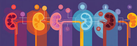 This infographic illustrates chronic kidney disease stages using flat design, highlighting severity, symptoms, and key indicators for awareness.の素材