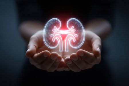 Gentle hands support a glowing kidney organ icon containing a bright heart, symbolizing compassion and health awareness in a medical context.の素材
