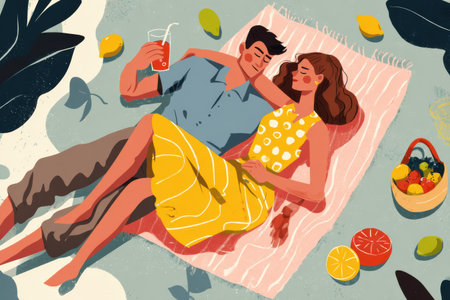Young couple relaxes on a picnic blanket in a lush outdoor area, sharing fruits and drinks while enjoying each others company on a sunny day.の素材