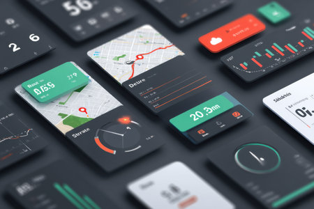 UI kit components designed for logistics applications showcase essential features like route, speed, distance, and estimated time of arrival in a modern styleの素材