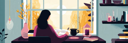 A person sits by a sunlit window, journaling with a cup of tea and candles nearby, enjoying a cozy and serene afternoon atmosphere.の素材