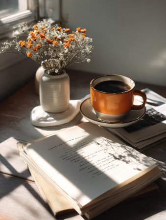 A tranquil morning unfolds with a cup of tea and a journal titled caffeine-free routine beside a vase of flowers, inviting relaxation and reflection.の素材