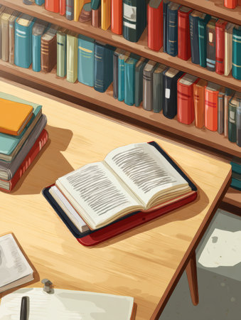 A tablet sits on a wooden table, featuring a virtual library of e-books, with an organized and tidy appearance, perfect for reading and exploration.の素材