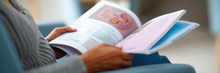 Individual reads a kidney health brochure while seated in a waiting area, focusing on important health information related to kidney care.の素材