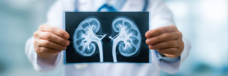 Medical professional presents kidney X-ray towards viewer, emphasizing anatomical details in a healthcare environment during an examination.の素材