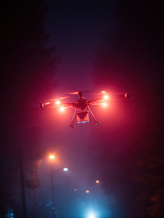 Drone navigates through a dimly lit street, illuminated by red lights for safety during night delivery amidst fog and ambient street lamps.の素材