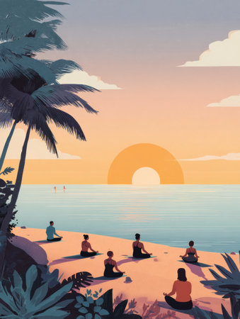 Meditators practice yoga on the beach, surrounded by palms, as the sun sets over the calm ocean, creating a peaceful atmosphere for relaxation and mindfulness.の素材