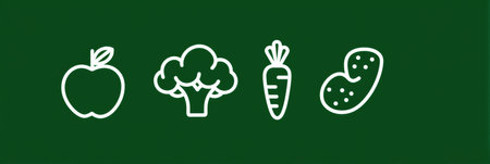 Bright icons representing apple, carrot, broccoli, and kidney arranged on a vibrant green background, emphasizing healthy eating and nutrition awareness.の素材