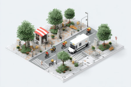 Dynamic isometric street packed with couriers on bikes, scooters, and a delivery van actively engaged in deliveries at a central area during daylight.の素材