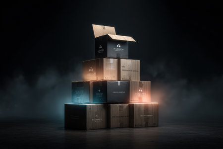 Glowing packages are layered in a striking arrangement within a dark space, showcasing the top box open to reveal the contents inside, sparkling interest.の素材