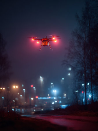 A drone navigates through the night sky, delivering a package while red lights signal its path, illuminating the urban landscape below.の素材