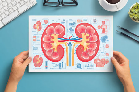 A detailed flat poster highlighting kidney disease risk factors is displayed in a modern workspace, promoting awareness and education on health and wellness.の素材