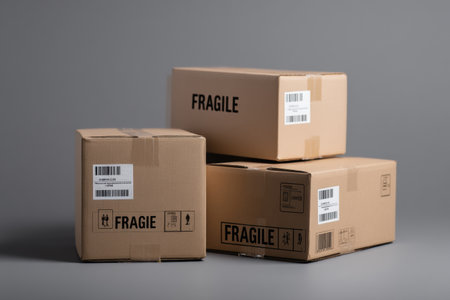 A stack of carefully arranged cardboard boxes with fragile stickers and barcodes resting on a smooth gray surface, emphasizing safe packaging methods.の素材