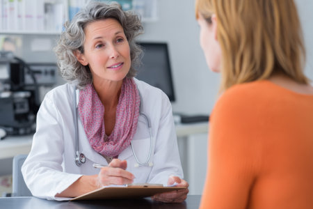 A patient is receiving consultation from a nephrologist in a cozy clinic environment, engaging in a detailed discussion about health and treatment options.の素材