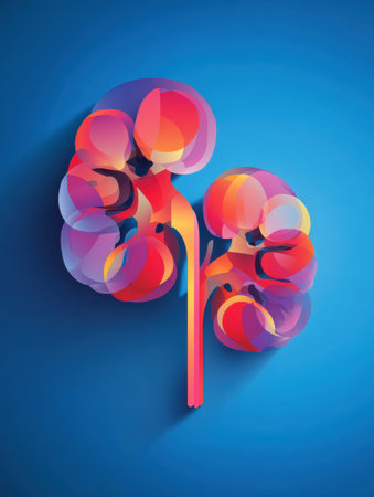 This clean graphic features a stylized kidney against a blue gradient background, designed with vibrant colors and ample space for a slogan or text.の素材