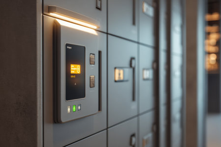Smart locker interface showcases delivered status with clear indicators while featuring stylish lighting in an urban environment.の素材