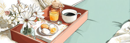 Experience the comfort of a weekend morning with a relaxing breakfast in bed featuring a tray of food, fresh flowers, coffee, and juice.の素材