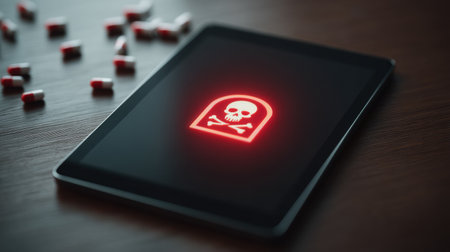 A poison prevention app icon glows on a tablet as surrounding capsules on a wooden surface to emphasize the need for awareness and safety in homes.の素材