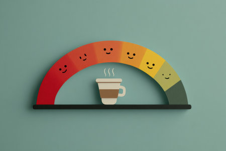 Bright mood scale illustrates emotions shifting from anxious to calm, featuring cheerful icons and a coffee cup at the center, promoting relaxation.の素材