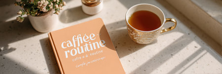 Warm morning light shines on a cozy countertop with a steaming cup of tea next to a journal, inviting peaceful contemplation.の素材
