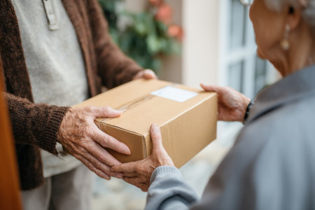 An elderly individual accepts a parcel containing prescriptions from a courier in a neat outdoor area, ensuring convenience and care in healthcare delivery.の素材