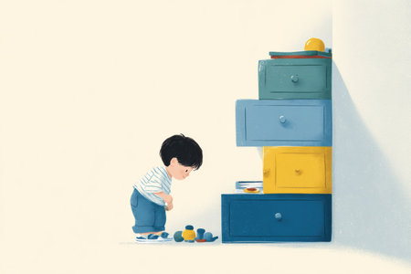 A toddler is engaged in exploration, bending down to investigate opened drawers. Colorful drawers stand next to scattered toys creating an inviting atmosphere.の素材