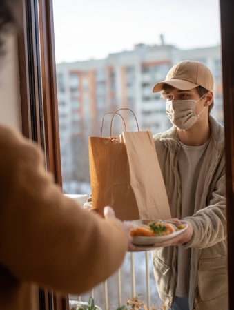 A courier hands a grocery bag and food to a resident through an apartment window, ensuring safety with a mask, illustrating modern delivery practices.の素材