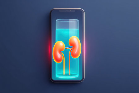 An animated tracker displays a glass of water alongside a kidney overlay, designed for users to monitor hydration and promote kidney health visually.の素材