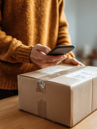 Individual engaged in scanning a parcel with a smartphone in a cozy indoor environment, focusing on package details while wearing a warm sweater.の素材