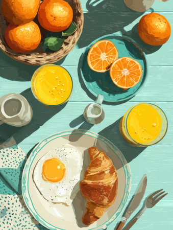 This delightful breakfast spread showcases sunny-side-up eggs, a flaky croissant, and refreshing orange juice, enhancing the morning atmosphere.の素材