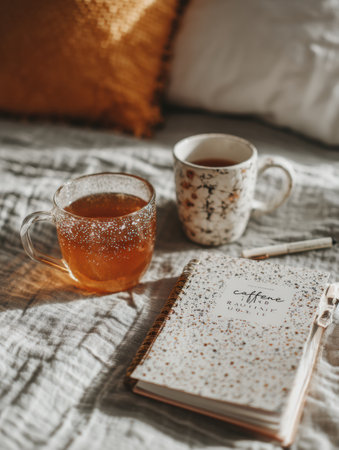 Soft sunlight illuminates a quiet morning with two cups of tea and an inviting journal titled caffeine-free routine resting on a textured blanketの素材