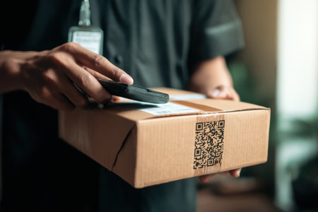 A courier is scanning a QR code on a delivered package in a tidy indoor environment, ensuring proper package tracking and delivery confirmation.の素材