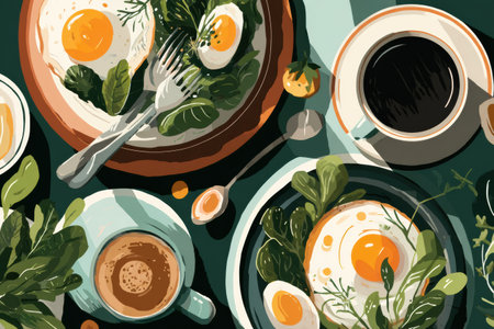 Enjoy a beautifully arranged brunch with fried eggs, fresh greens, and rich coffee, creating a cozy atmosphere for a perfect morning meal.の素材